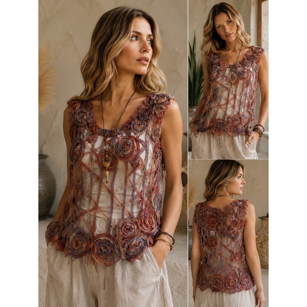 3D Rosette Floral Mesh Vest Top Boho Artsy Sheer Sleeveless Open Weave Lagenlook
